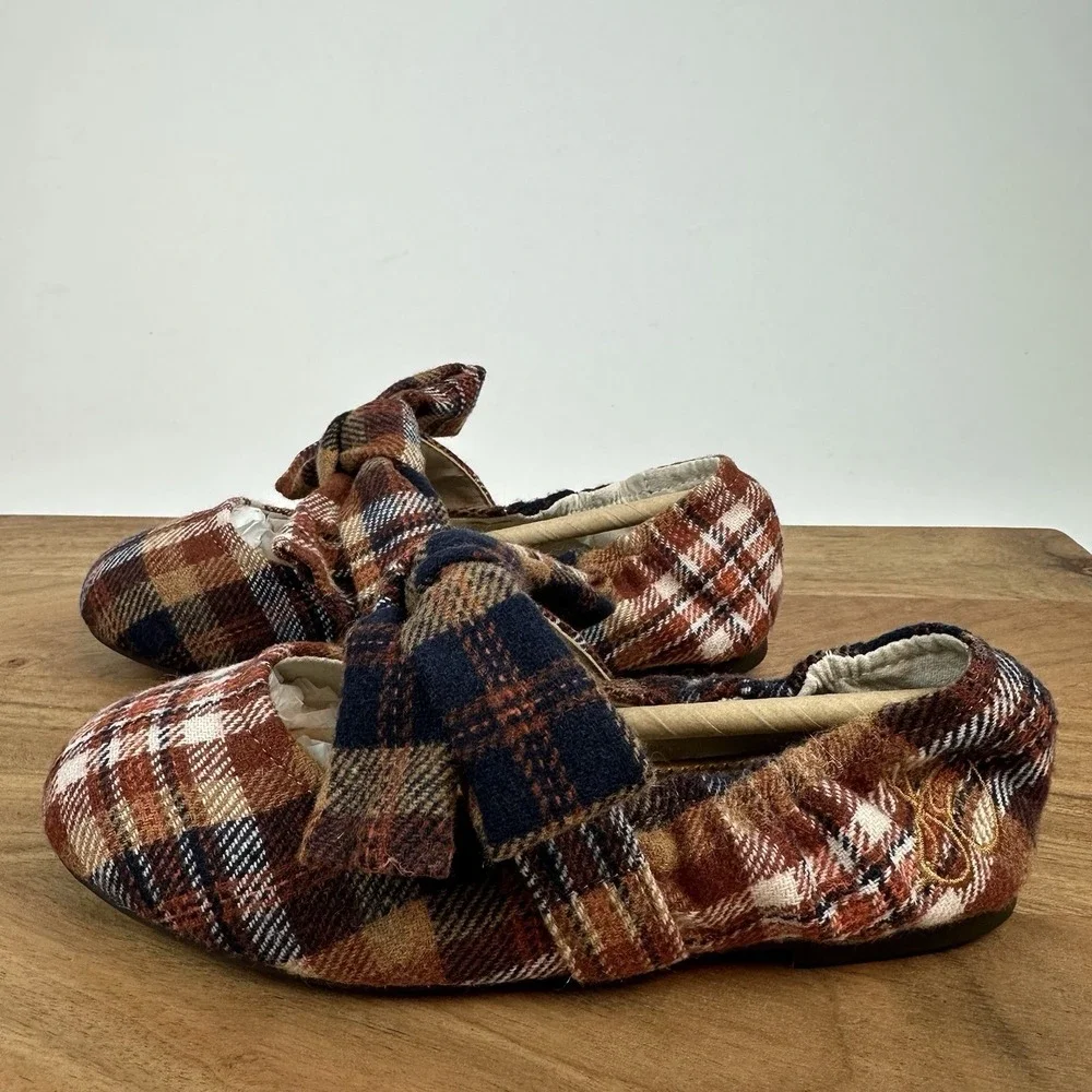 New Big Kids Sam Edelman Felicity Rust‎ Plaid Ballet Flats Shoes Size 1 Y